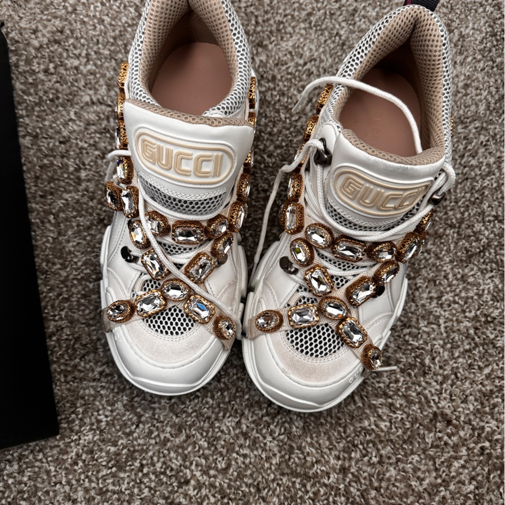 Gucci Women's Flashtreks White Sneakers with Gold and Silver Embellishments